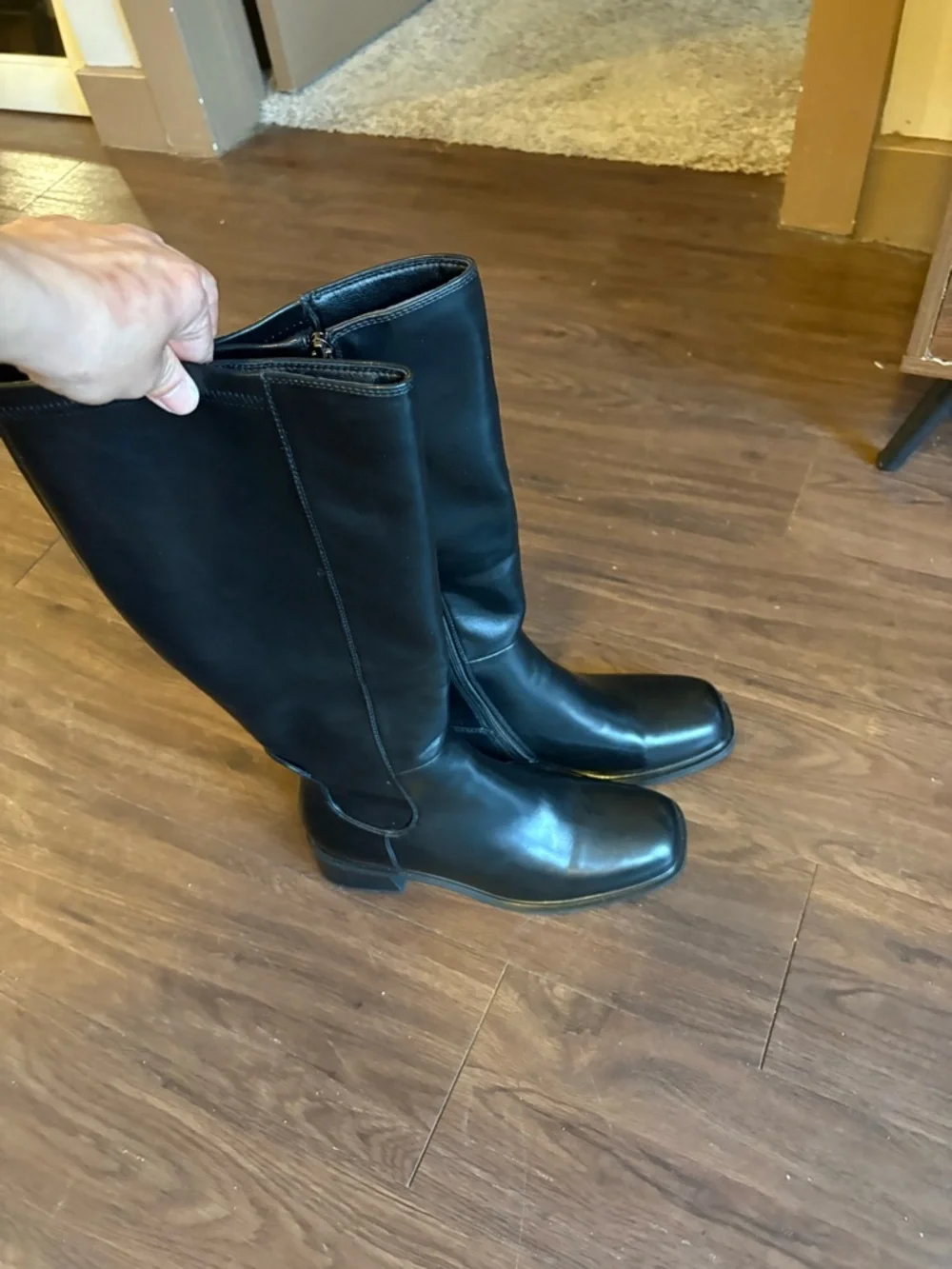 QIY Knee High Faux Leather Elastic Square Toe Side Zipper Fall Long Tall Boots